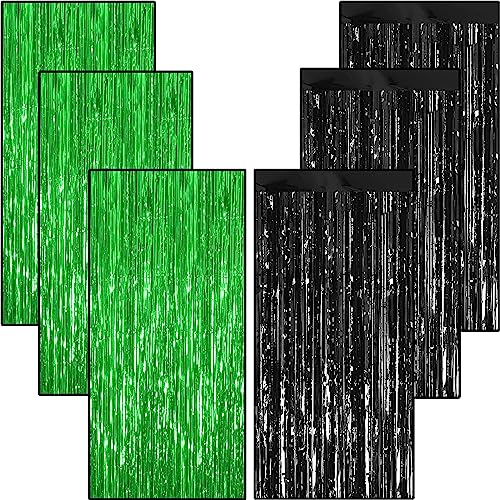 Image of TOYXE 6 Pieces Foil Fringe Tinsel Party Curtains for Photo Backdrop (BLACK-GREEN) | Fringe Curtains for Decoration | Foil Curtains for Birthday Decoration, Anniversary, Bachelorette, Wild One Jungle Theme