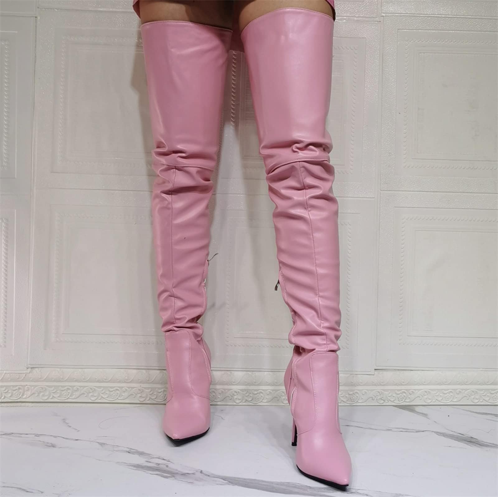 BeAUZQ Damenmode Rosa Spitz Overknee Stiefel Sexy Oberschenkelhohe Stiefel Fetisch High Heels Sexy Stripper Club Pole Dance Party Schuhe
