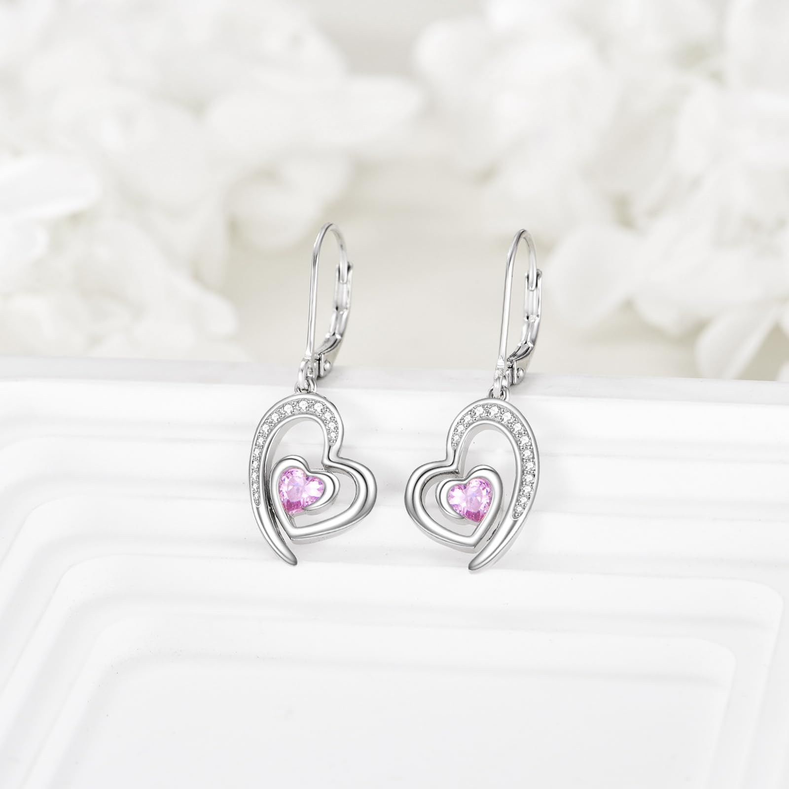 POPLYKE Doppeltes Herzohrringe für Damen Hängende Ohrringe aus Roségoldene/Goldfarbene/silberfarben/Rosa Kristall 925 Sterlingsilber Geschenk für Mutter