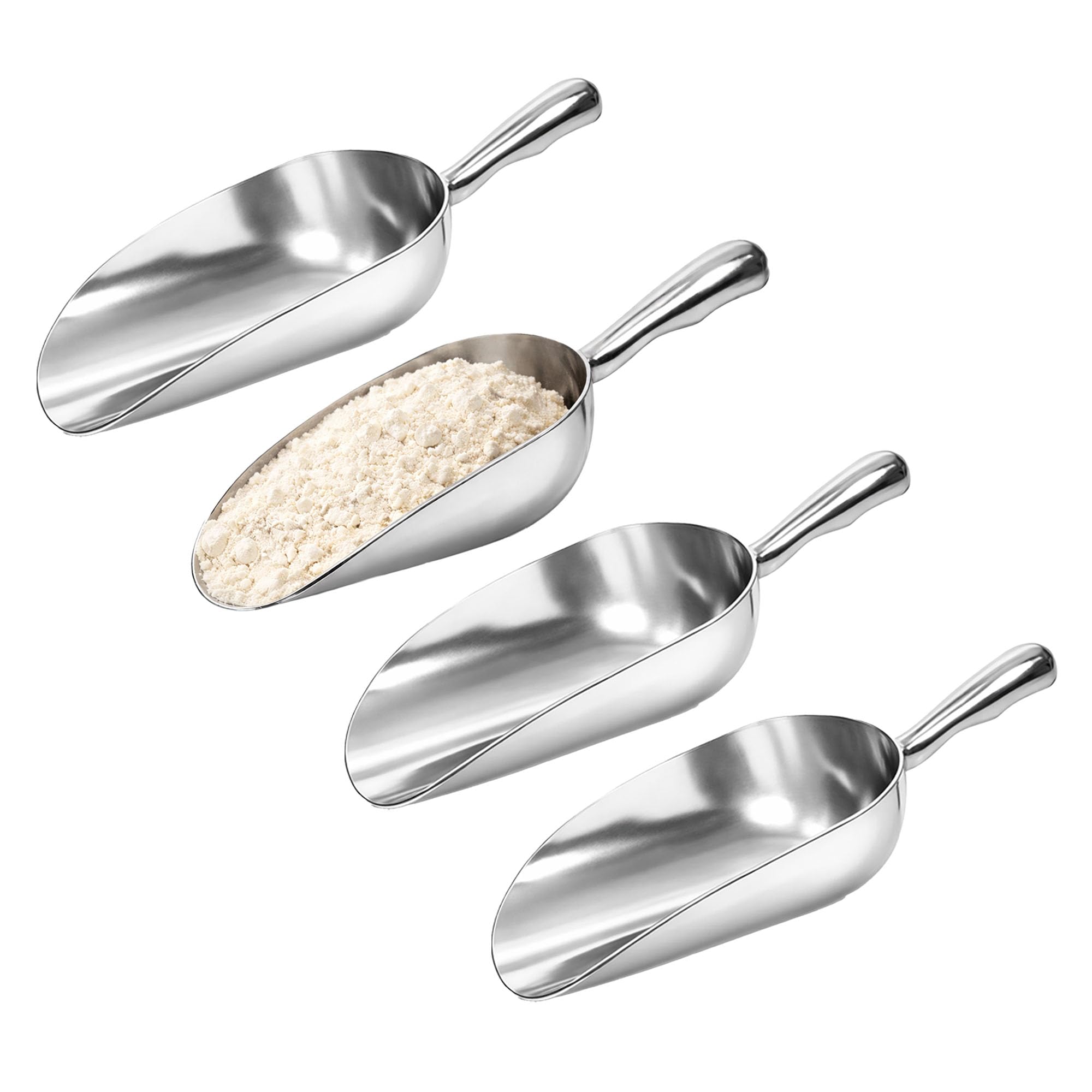Chabrias Ltd 4 Pack 38oz Aluminium Metal Food Scoop - Extra Large Heavy Duty Bulk Scoops for Grain, Flour Bins, Rice, Dry Goods & Pet Food Storage – Commercial Kitchen Ingredient Scoops