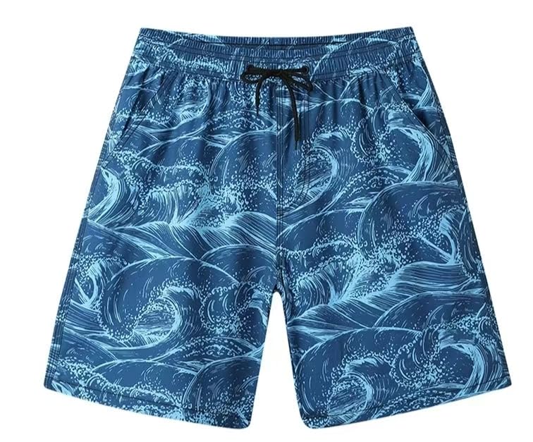 Men's Swimwear Quick Dry Drawstring Ocean Wave Print with Pockets Casual Hawaiian Oceanside Surfing Beach Swim Shorts
