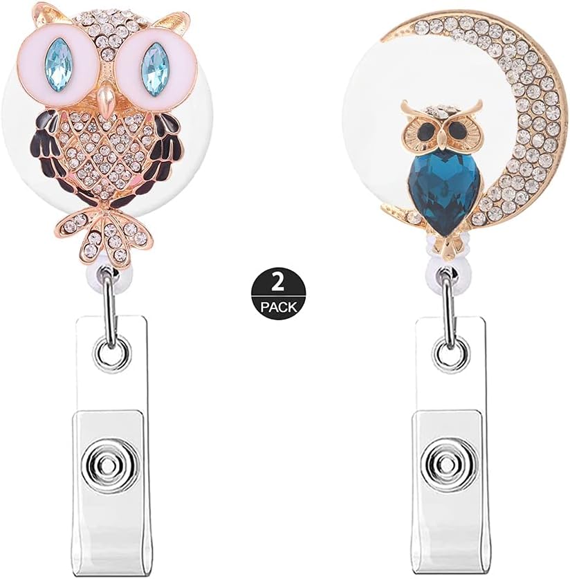 ZOEAST(TM) 2pcs Cartoon Cute Rhinestone Diamond Retractable Badge Reel, Holder for Office Work Nurses ID and Name Tag with Metal Back Clip, 28 inch Cord Extension (2Pack Moon Owl)