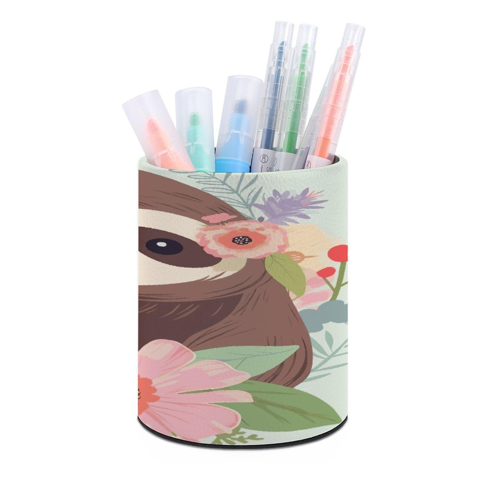 LDGSUPH Sloth And Flowers Round Pen Holder Leather Pen Cup Pencil Cup Pen Organizer Pencil Holder for Desk Organizer Pencil Organizers Makeup Brush Holders for Home Office Gift