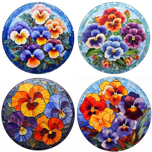 Kit peinture diamant 5D pensée fleur lot de 4 broderies rondes 25x25 cm
