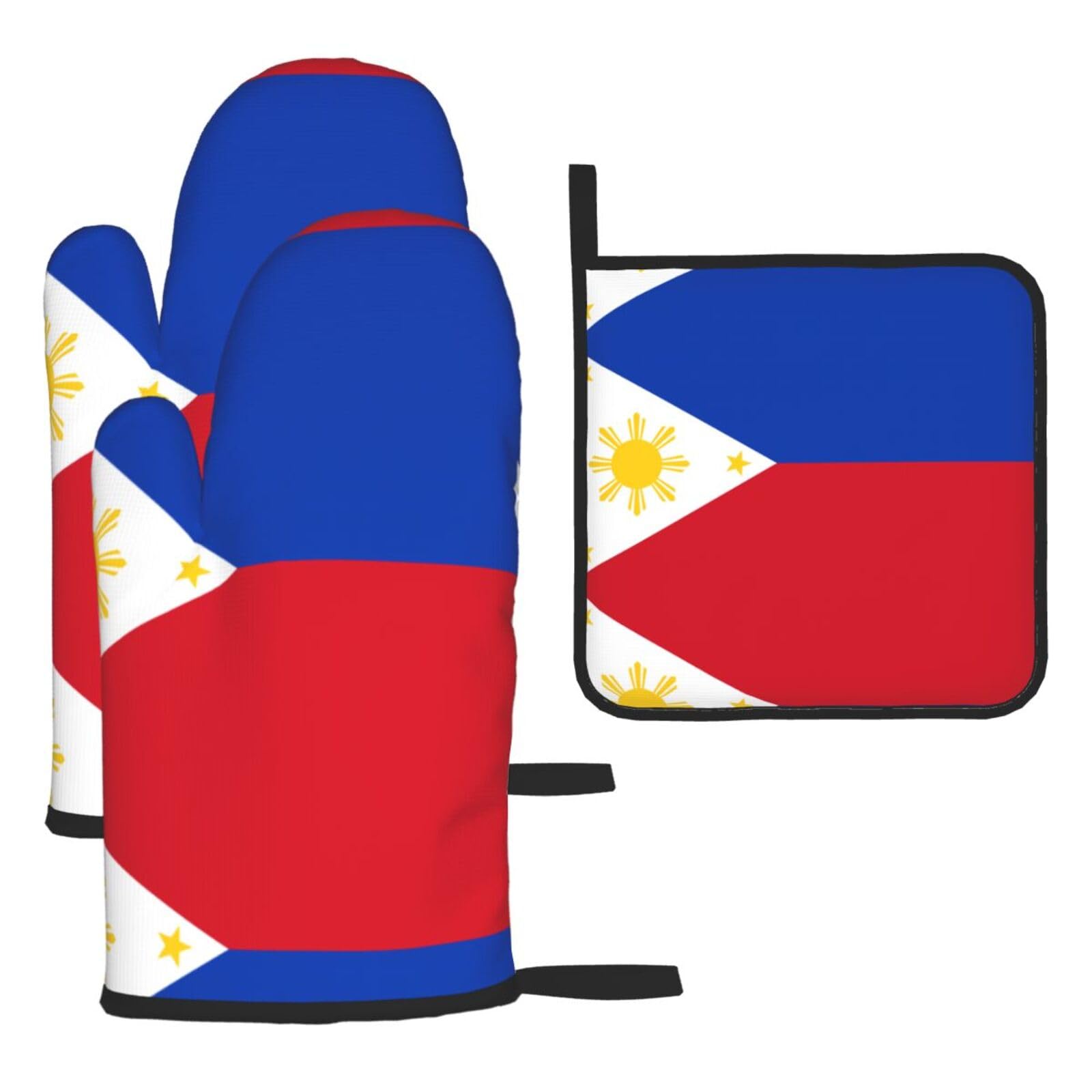 Philippine flag Printed Oven Mitt Set 3-Piece | Heat Resistant Gloves & Pot Holder Mat for Cooking, Baking & BBQ