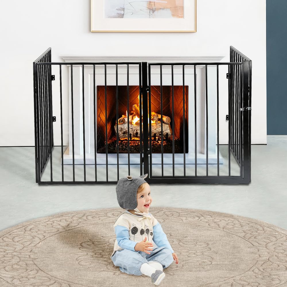 Barrera de seguridad de 240 cm, rejilla cortafuegos para chimenea, barrera para escaleras infantil/perro, cuatro barras de puerta, plegable (negro, 240 x 2,5 x 75 cm)
