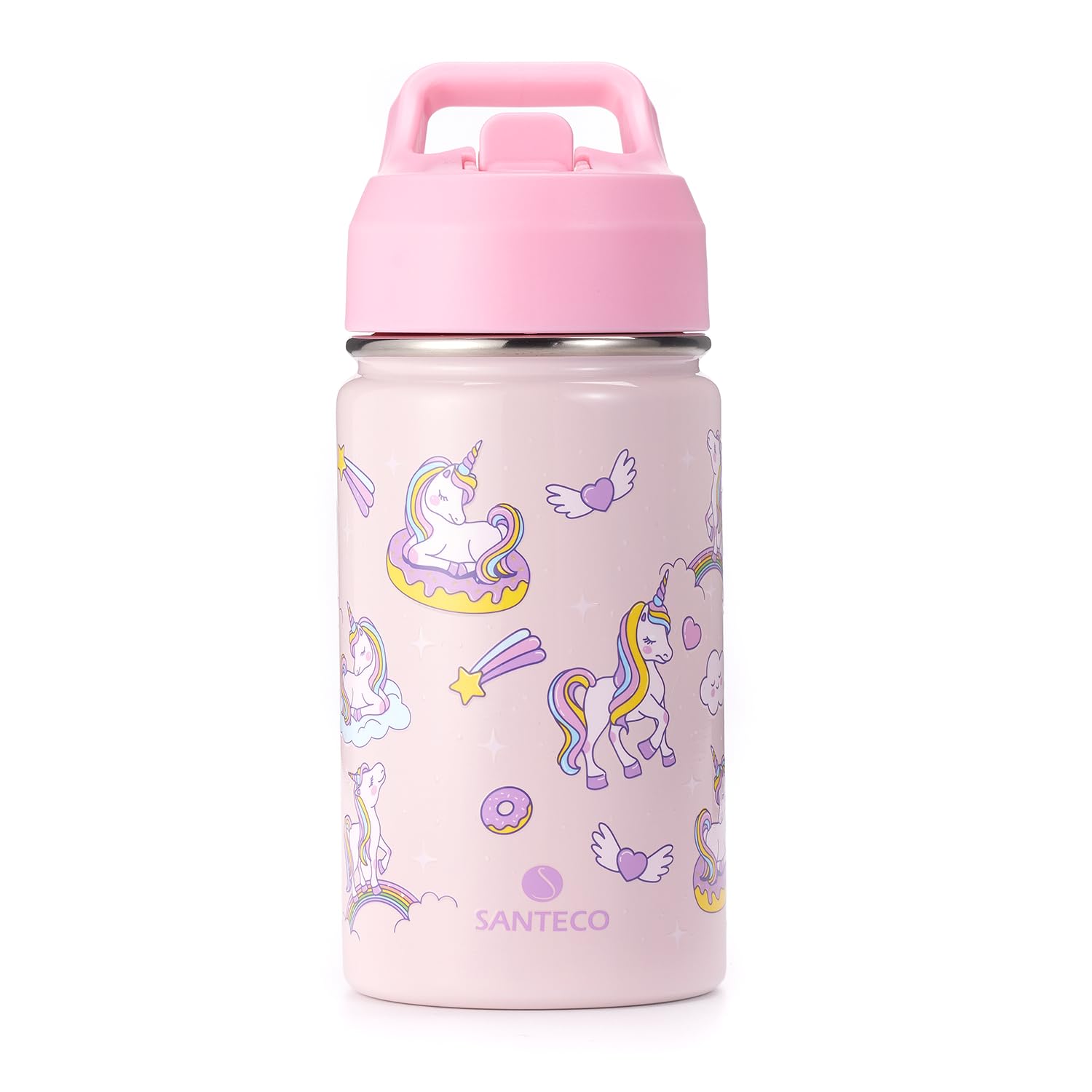 SANTECO Borraccia Bambini Acciaio Inox, Senza BPA, 380ml Borraccia Termica a Prova di Perdite con Cannuccia per Scuole, Facile da Pulire