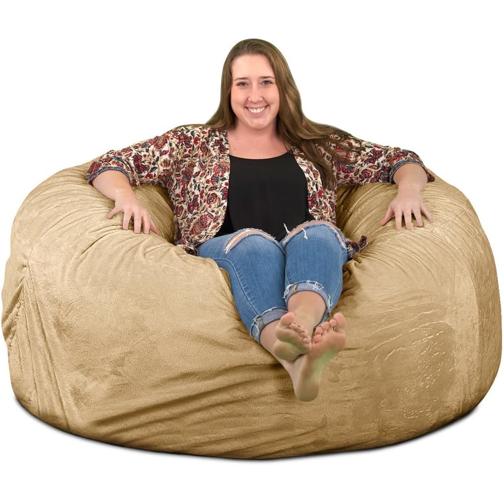 5000 (5 Ft) Bean Bag Chair, Giant Foam-Filled Furniture, (Camel, Suede) - Machine Washable Covers, Durable Inner Liner, 100% Virgin Foam. Comfy Bean Bag Chair