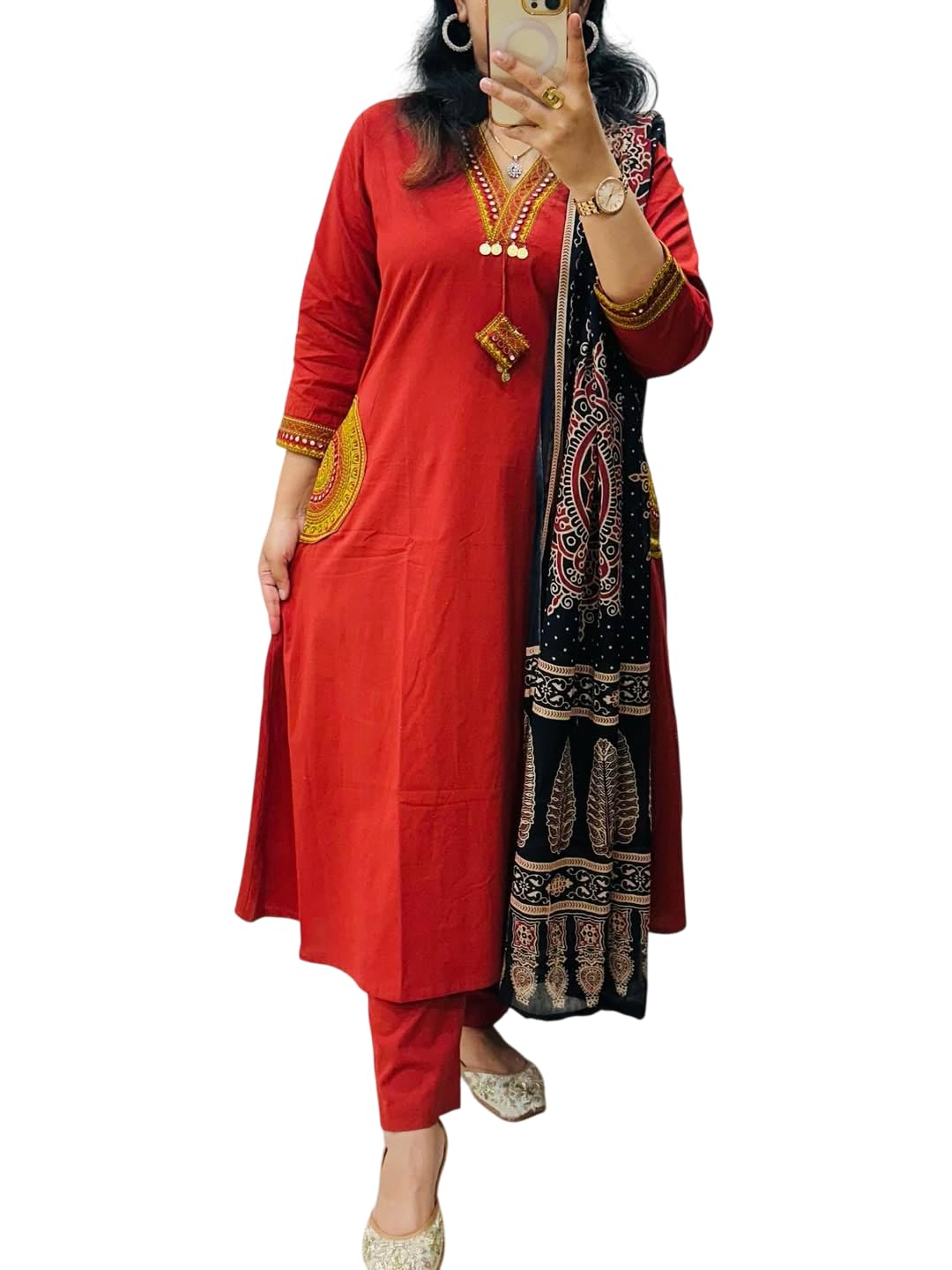 Women's Premium Dhabu Cotton A-Line Kurti Pant Set with Azrak Cotton Dupatta | Heavy Embroidery Work, Both Side Pockets (Maroon)-picture-37