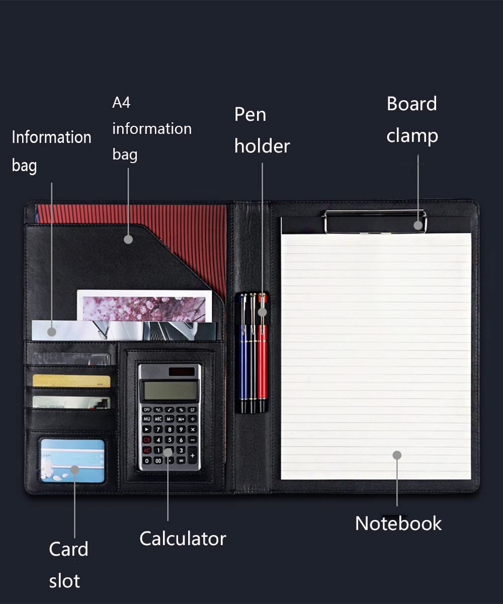 Classeur Portfolio A4, Portefeuille A4 en Cuir synthétique avec Pochette for Calculatrice, Ordinateur Portable, Tablette, Marron et Rouge(Red)