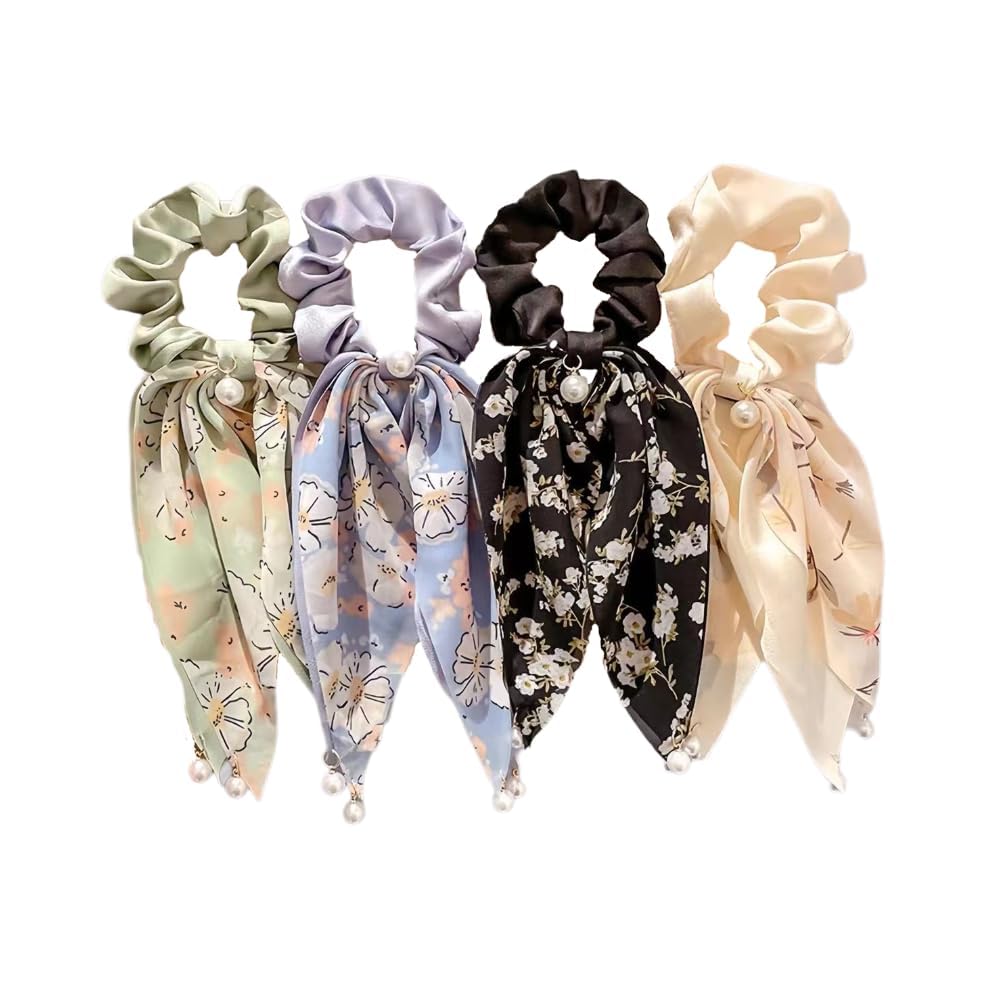 Coleteros para el pelo, lazos de satén para el pelo, lazos de seda, anillos para el pelo para trenzas, 4 diademas para mujer, lazos de perlas, accesorios para el cabello, color negro