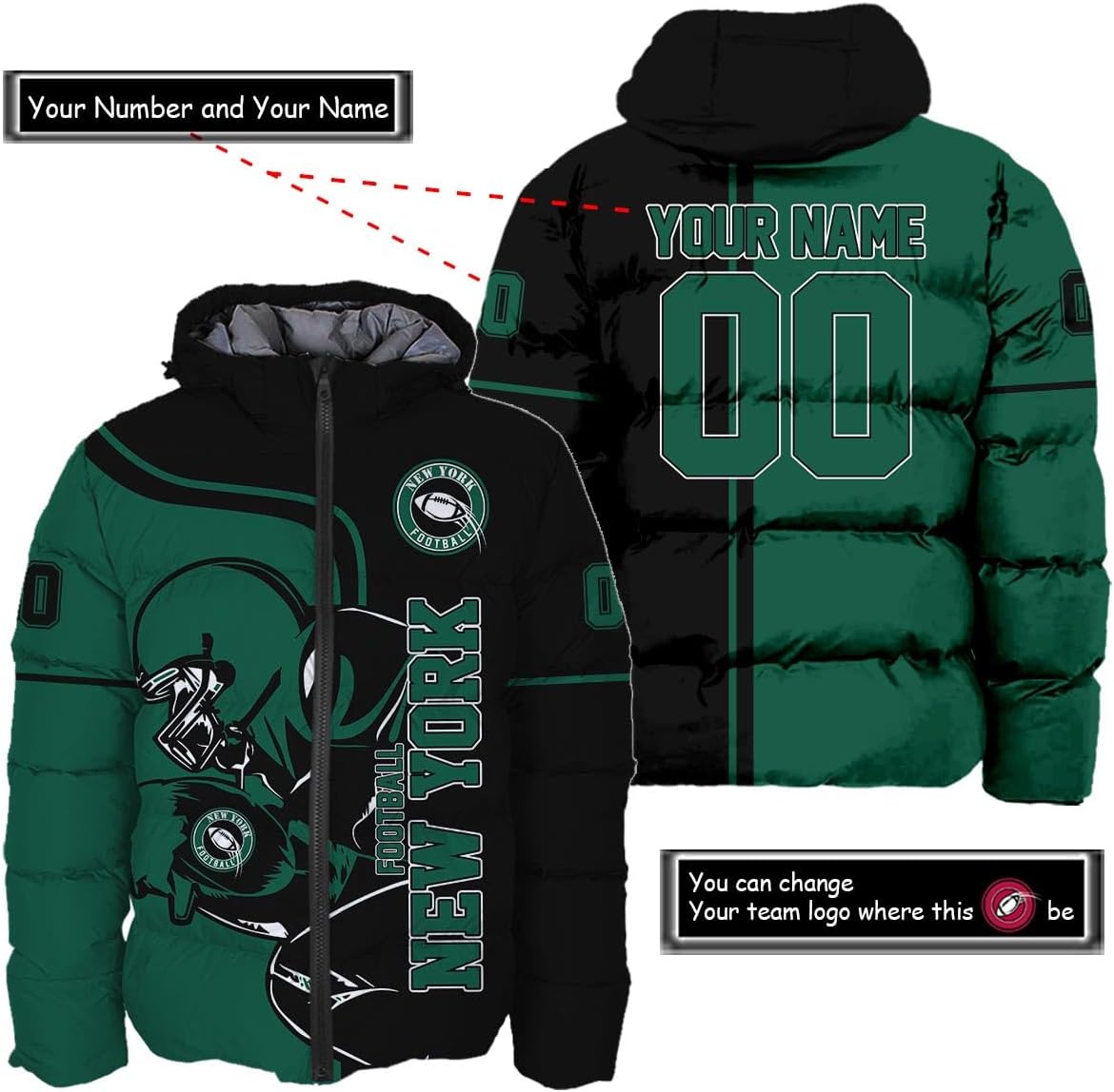 Personalized New York Football Team Jets Men's Hooded Puffer Jacket