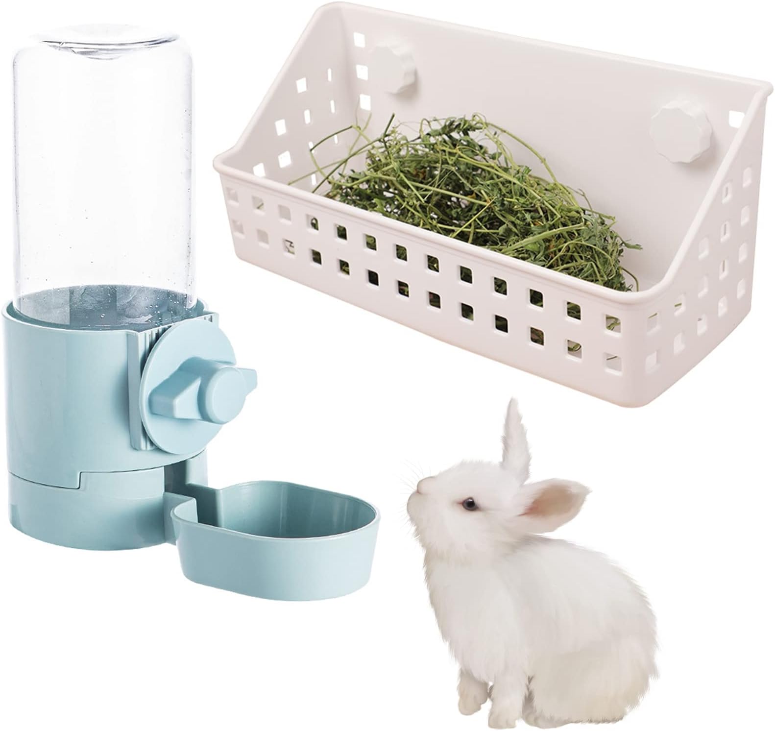 Hamiledyi Rabbit Hay Feeder & Water Fountain Set, Guinea Pigs Hay Food Feeder Bowls Manger Rack 17oz Hanging Gravity Automatic Drinking Feeder for Ferrets Chinchillas (Blue)