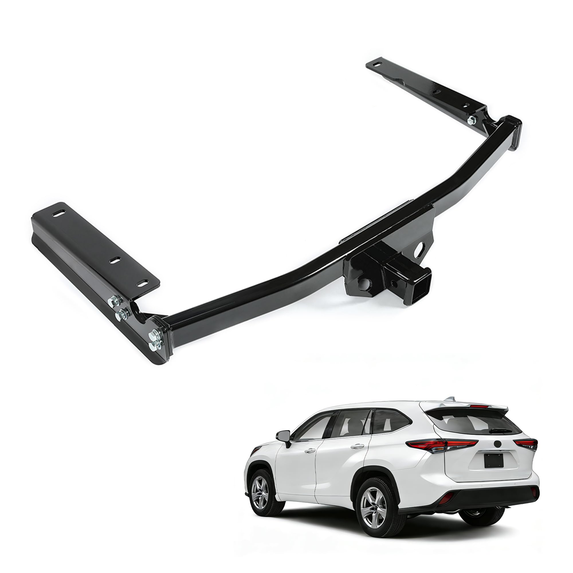 Diagram showing the dimensions of the ECOTRIC Class 3 Trailer Hitch, including overall width of 45-7/8 inches (1165.5mm), receiver dimensions of 2x2 inches (51.5mm), and mounting arm lengths.