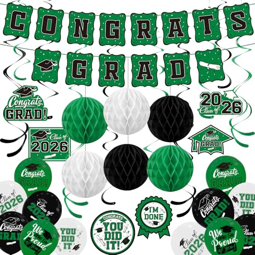 2026 Graduation Party Supplies Kit - Grad Decor Set with Congrats Grad Banner Class of 2026 Hanging Swirls Graduation Balloons & Honeycomb Balls - Ideal for High School & College Celebrations(Green)