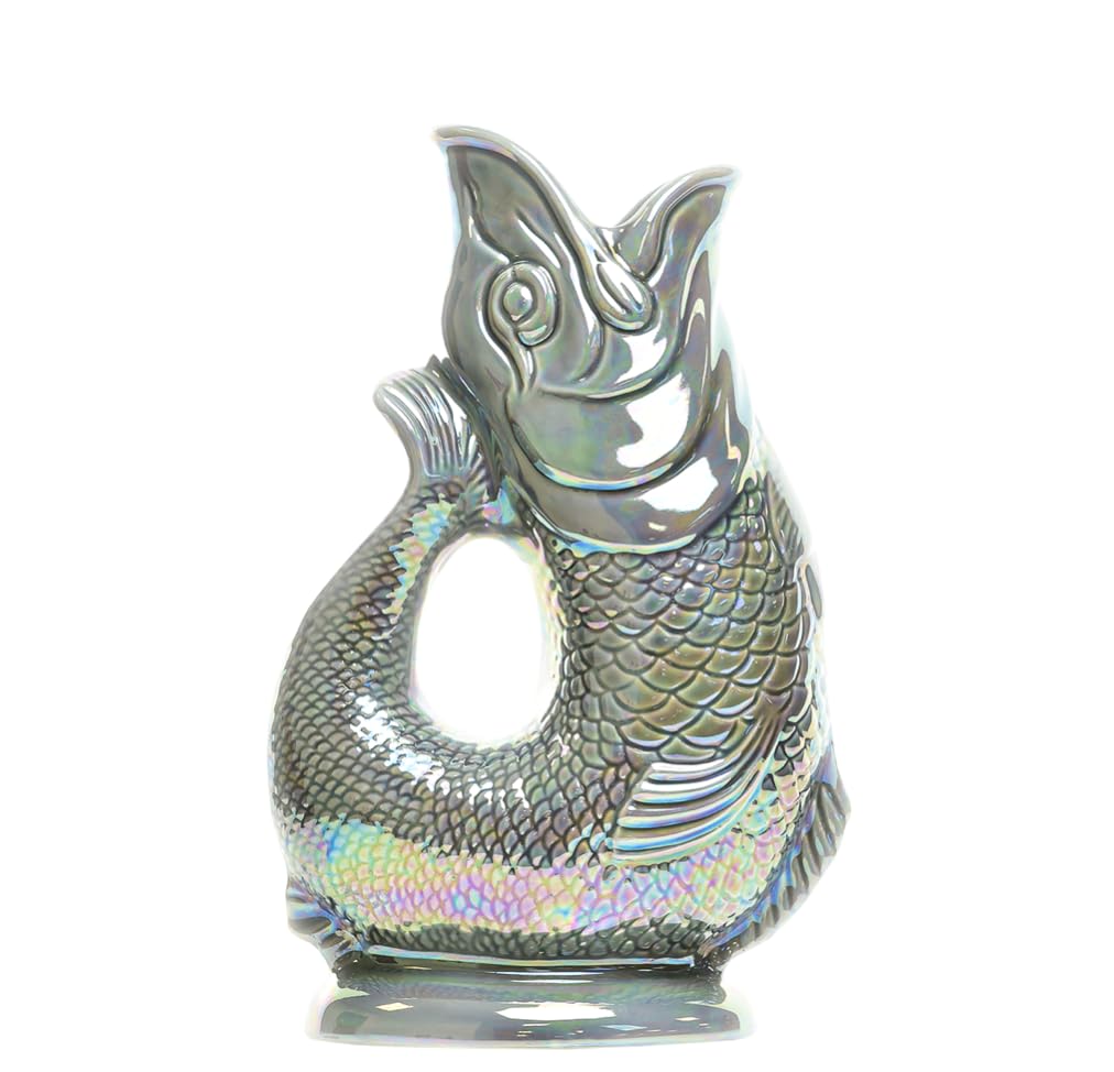 The Original Gluggle Jug - Dark Grey Lustre Glug Jug in XL, 28cm 1.4L - Gug Glug Fish Shaped Jug - Decorative Glugging Water, Cocktail, Wine & Gin Pitcher, Decanter or Vase - Hand Made in Britain