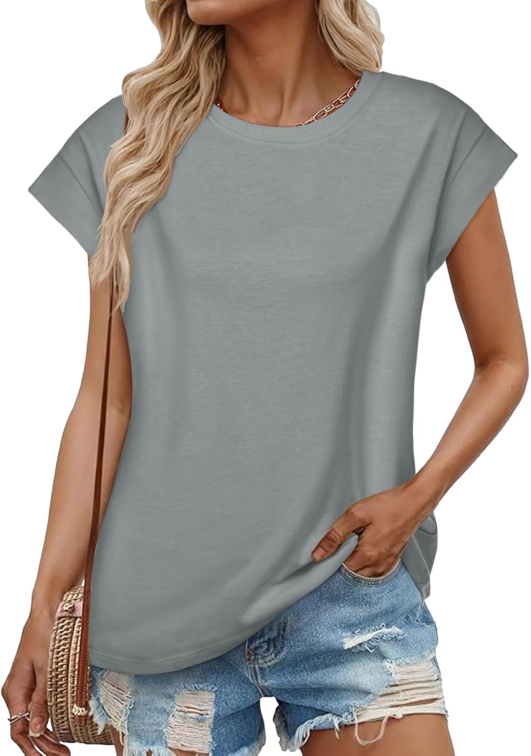 Tankaneo Womens Cap Sleeve Tops Casual Loose Fit Crewneck T Shirts Summer Basic Tee Shirts Blouse