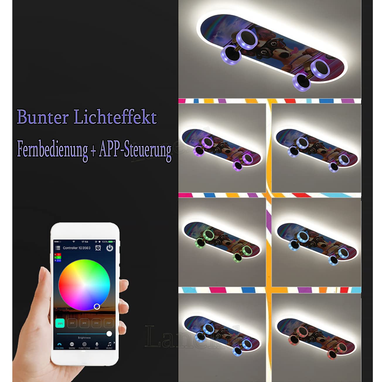 Plafonnier LED Enfant Skateboard ZTZBFGM - Dimmable Télécommande, 7 Couleurs RGB, Design Moderne Chambre Garçon