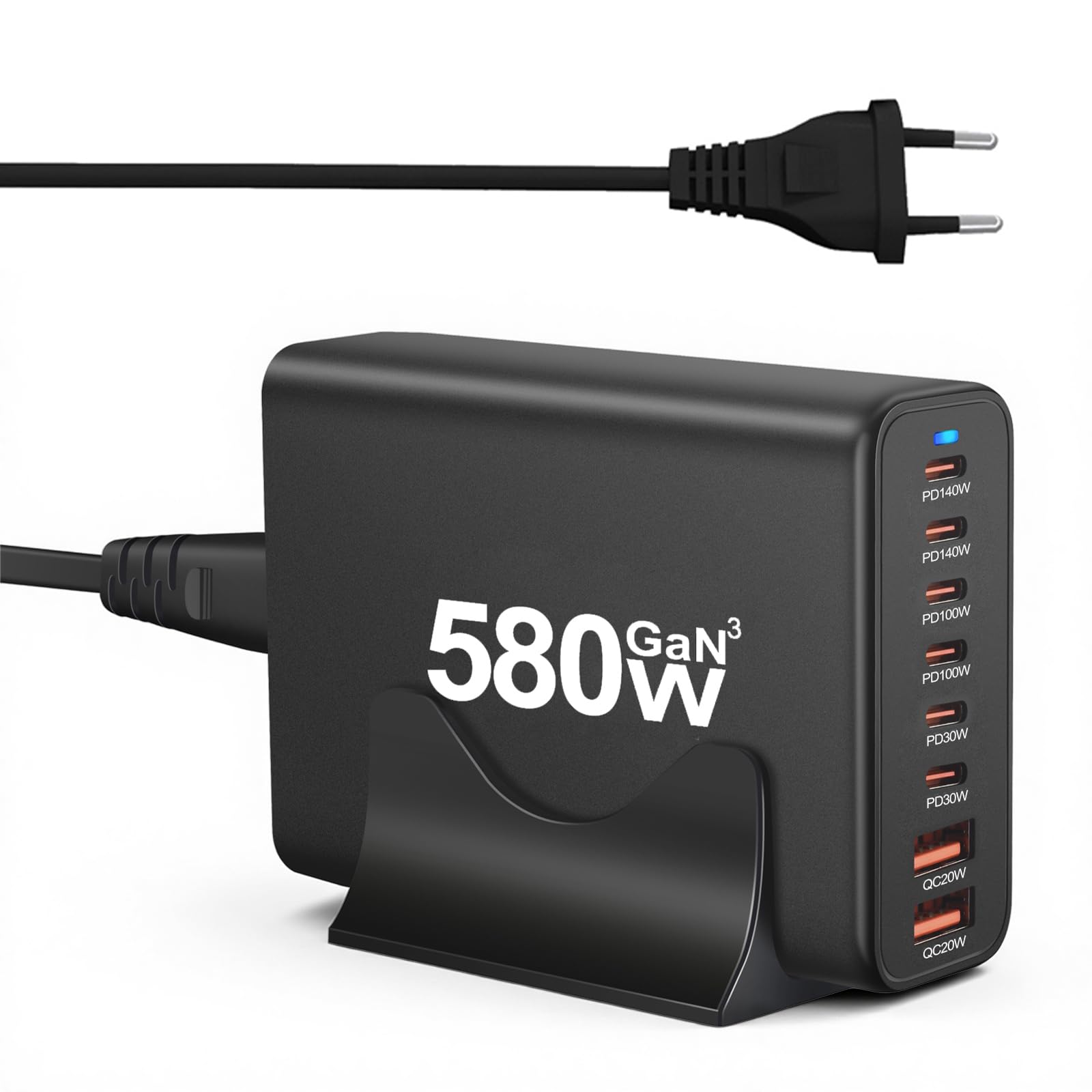 580W USB C Ladegerät, 8 Port Ultra-schnelle GaN Ladestation (6C+2A), Max PD140W/QC20W Laptop Schnellladegerät Ladegerät Mehrfach für MacBook Pro/Air, iPad, iPh0ne, HP, Galaxy S25 usw