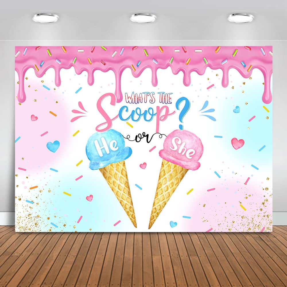 Mocsicka Ice Cream Gender Reveal Backdrop What's The Scoop Background Summer He or She Gender Reveal Party Decorations Banner Photo Studio Props (7x5ft)