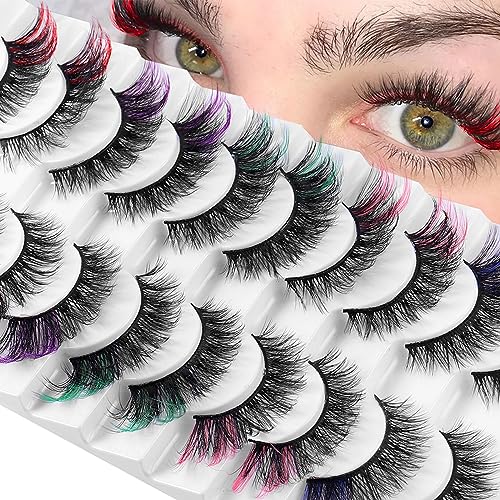 Colored Lashes, 10 Pairs 5D Russian Strip Lashes Faux Mink False Eyelashes Fluffy Dramatic Strip Lashes Fluffy Wispy Eyelashes for Christmas Halloween Party Cosplay