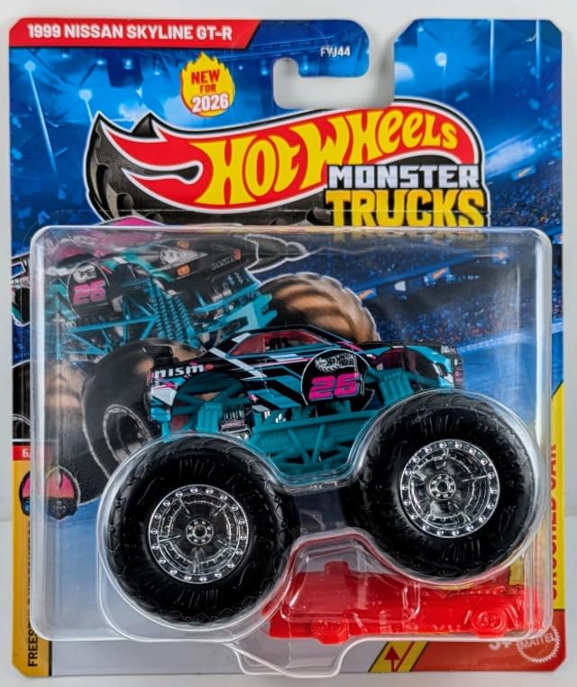 Hot Wheels Monster Trucks, 1999 Nissan Skyline GT-R, Freestyle Wreckers 6/11 [Includes Crushed Car] New for 2026! 1:64 Scale Diecast Toy Vehicle