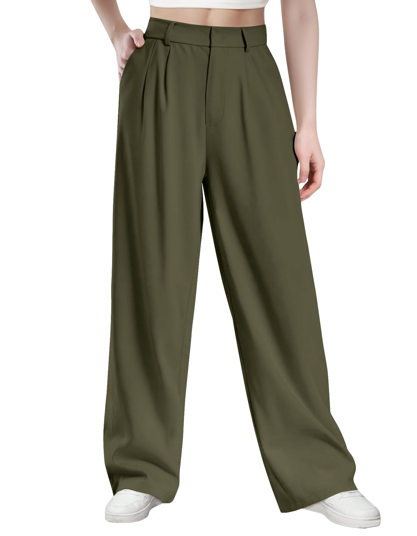 Glacspyg Damen Hohe Taille Freizeithosen Hochdichter Polyester Elasthan Stoff Business Arbeitshosen Glatte Elegante Weite Hosen mit Taschen