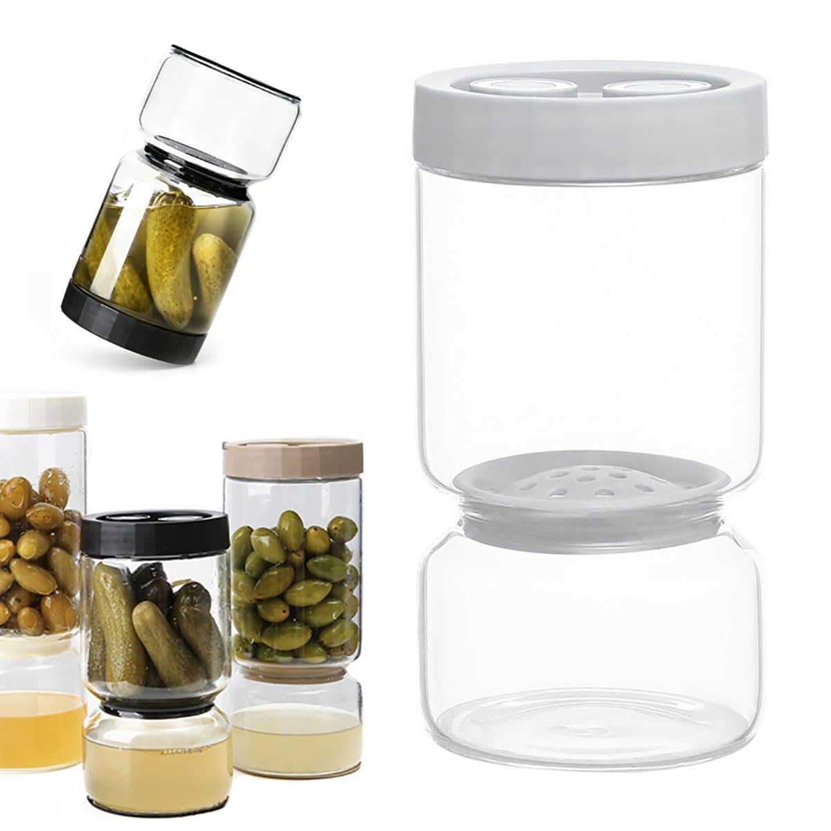 IRCKONCI Pickles Flip Pickle Hourglass Jar, Pickle Container With Double Leak Proof, Olives Liquid Separator Jar, for Pickles, Tomatoes, Onions And Artichokes(White)