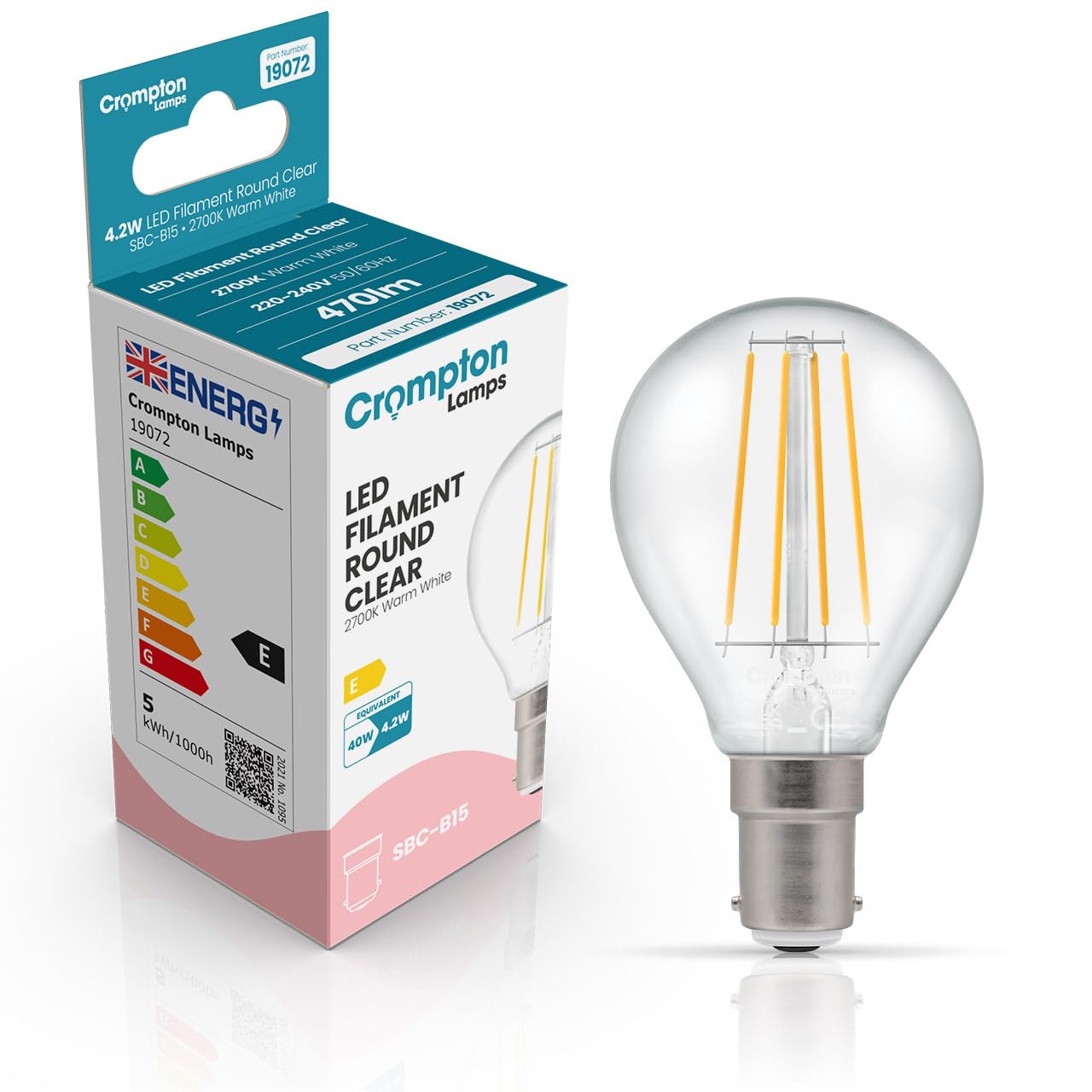 Crompton Lamps Filament Golfball LED Light Bulb SBC-B15d | 4.2W = 40W Equivalent | Warm White 2700K | Energy Efficient | Small Bayonet Lightbulb | Long Life 15,000-Hrs | Clear Glass โ image 1