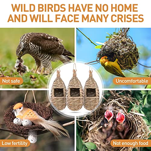 Wdefun Humming Bird Houses For Outdoor Hanging, Natural Grass Bird Hut,Hand Woven Hummingbird Nest,Wren Finch Bird House For Garden Window Outdoor Home 3 Pack #TOP3