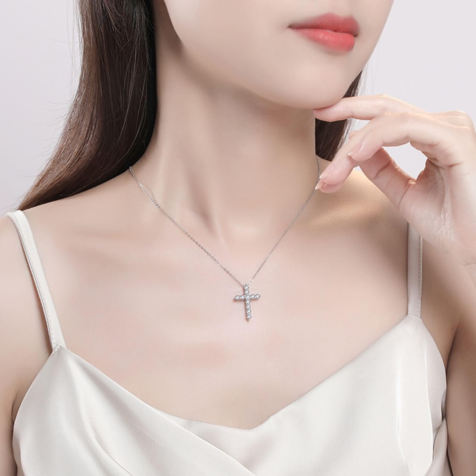 9K / 14K / 18K White Gold Necklace Women, Moissanite Cross, Silver Pendant Necklace for Women