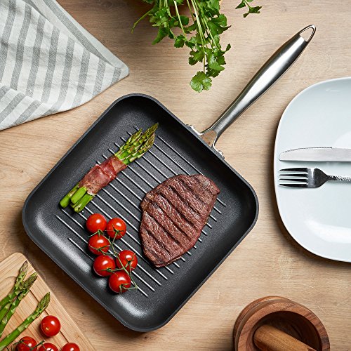 VonShef Aluminum Square Grill Fry Pan Premium Non-stick Hard Anodized Ridged Cookware, Induction Compatible, Safe for Stove and Oven- 10 Inch, Gray