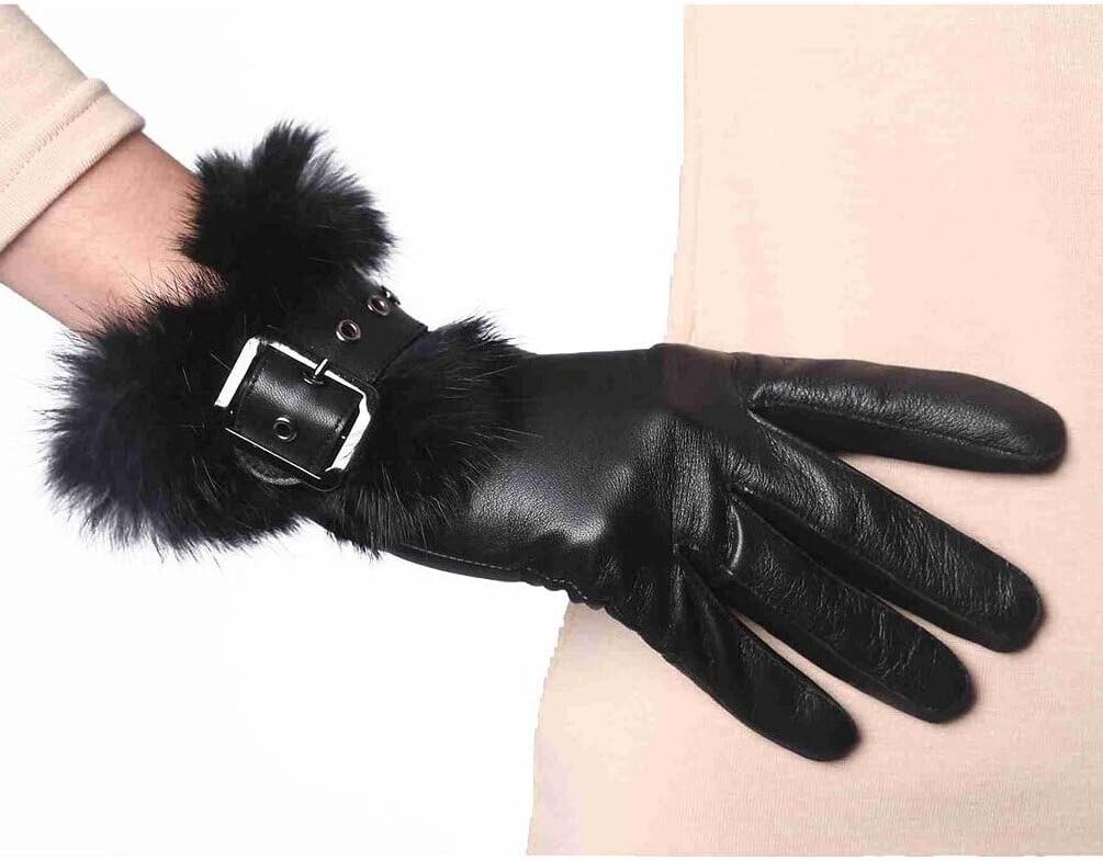 YISEVEN Womens Sheepskin Leather Gloves Rabbit Fur Cuff Wool Lined Touchscreen