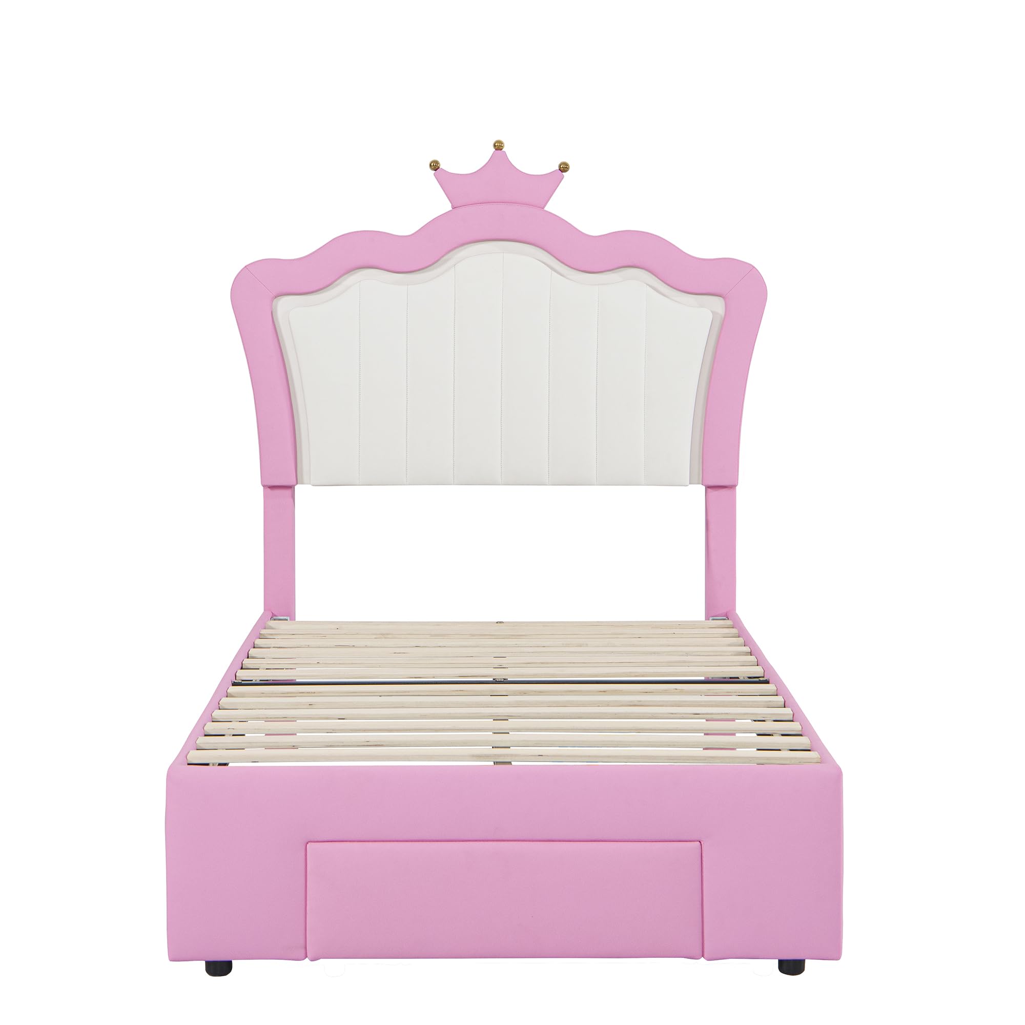 Cama Infantil Con Cabecero En Forma De Corona Y Tira LED - 90x200 Cm, Rosa Y Blanco, Sin Colchón (Capacidad 340 Kg)