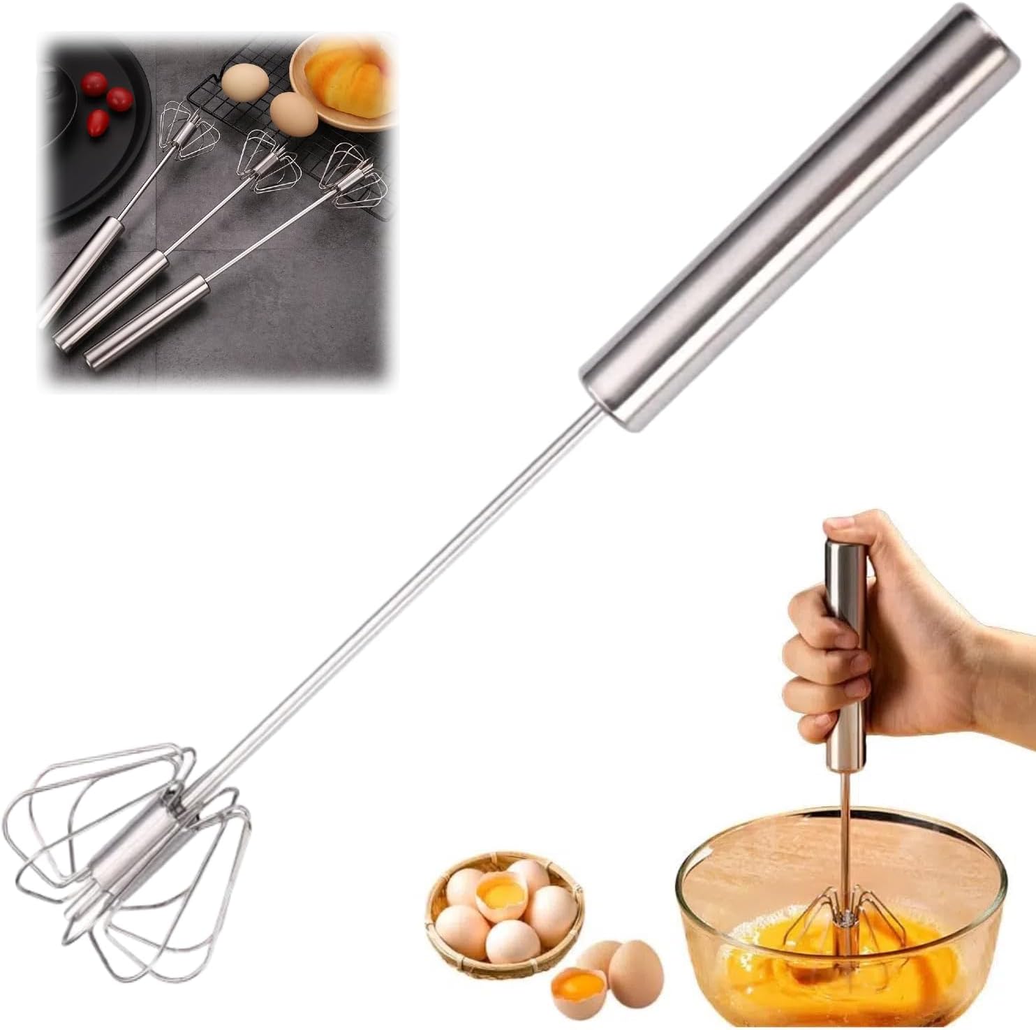 New Stainless Steel Egg Whisk, 2025 Upgarded Hand Mixer Whisk Blender, Egg Beater Hand Push Mixer Stirrer for Blending, Whisking, Beating & Stirring Kitchen Gadget (Whisk+Opener, 10+12+14in)