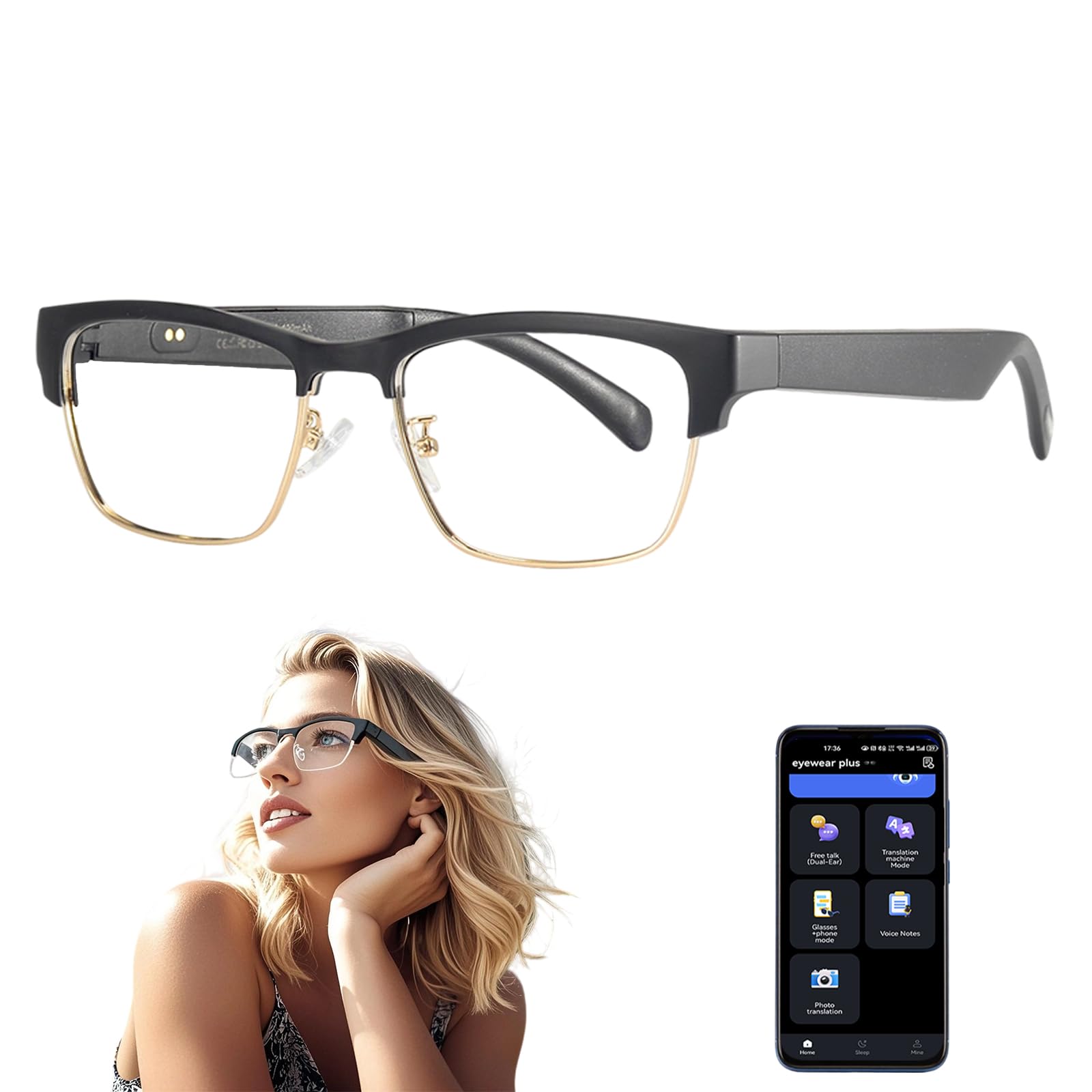 AI Smart Glasses with Real-Time Translation for 164 Languages,Bluetooth 5.4 Translate Glasses for Men Women,Blue Light Blocking,Hand-Free Glasses for Travel & Business (AI Translate-Gold)-image-9