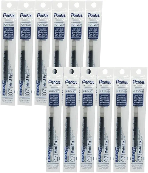 Pentel Refill Ink for EnerGel RTX Retractable Gel Pen, 12 Pack, 0.7mm, Medium Point, Navy Blue (LR7-CA)