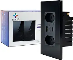 EKAZA Tomada Inteligente 20A Total (10A cada tomada) com USB Wi-Fi, 1 Botão, Preto, Compatível com Google Home e Alexa - EKAC-T217-PB
