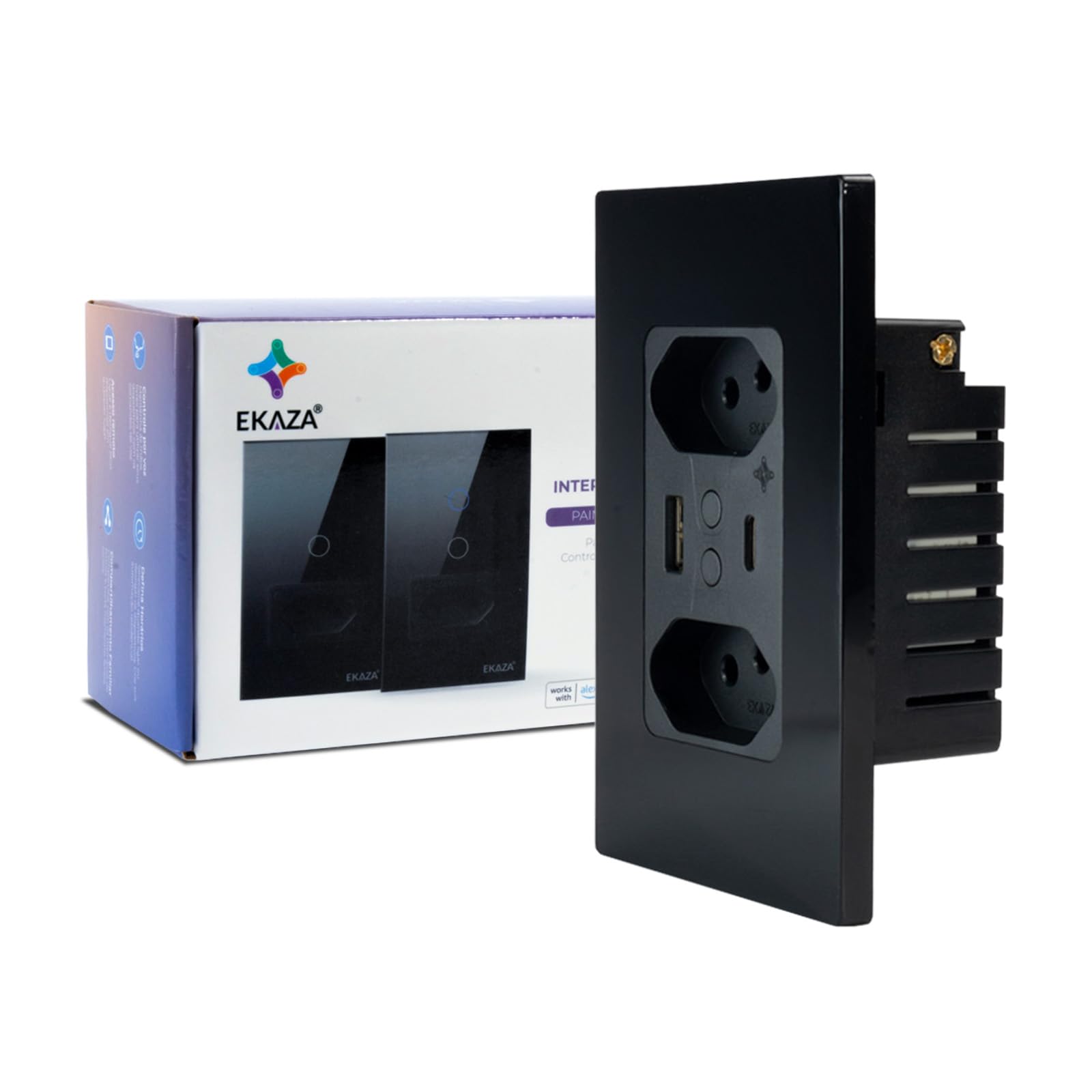 EKAZA Tomada Inteligente 20A Total (10A cada tomada) com USB Wi-Fi, 1 Botão, Preto,