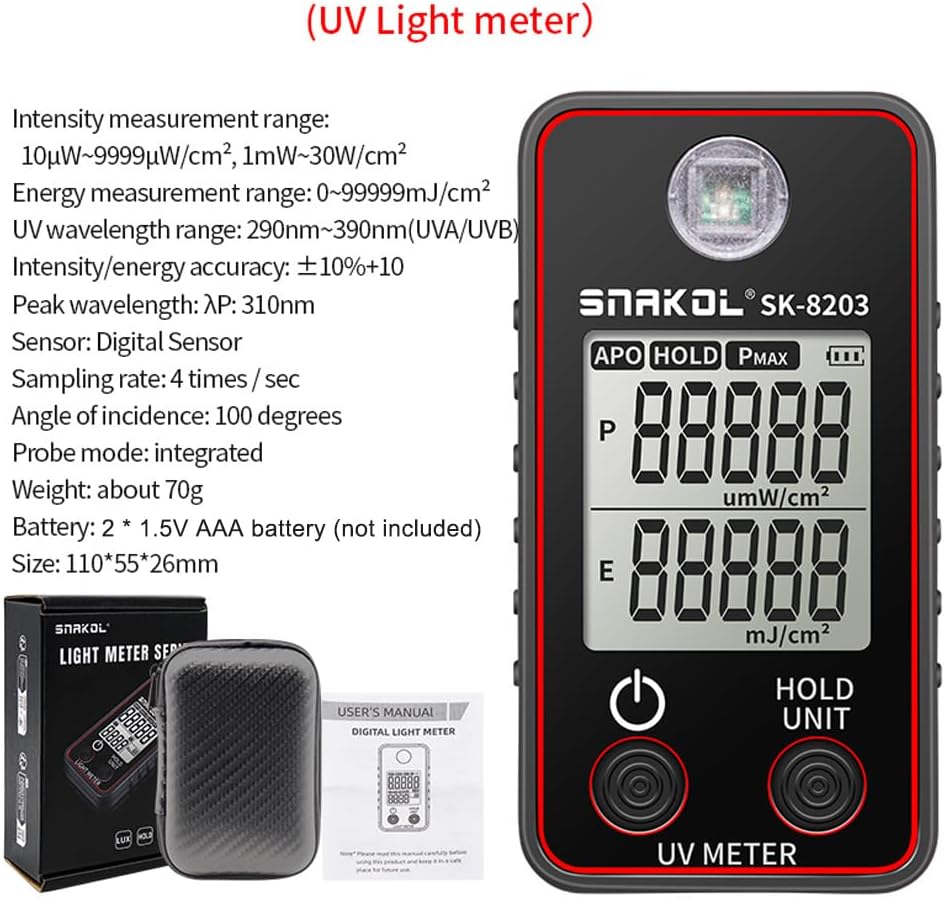 High Precise Ultraviolet Illuminometer Portable Illuminance Meter Handheld Illumination Test Meter LCD Display with Data Hold tomatic Shutdown Functions