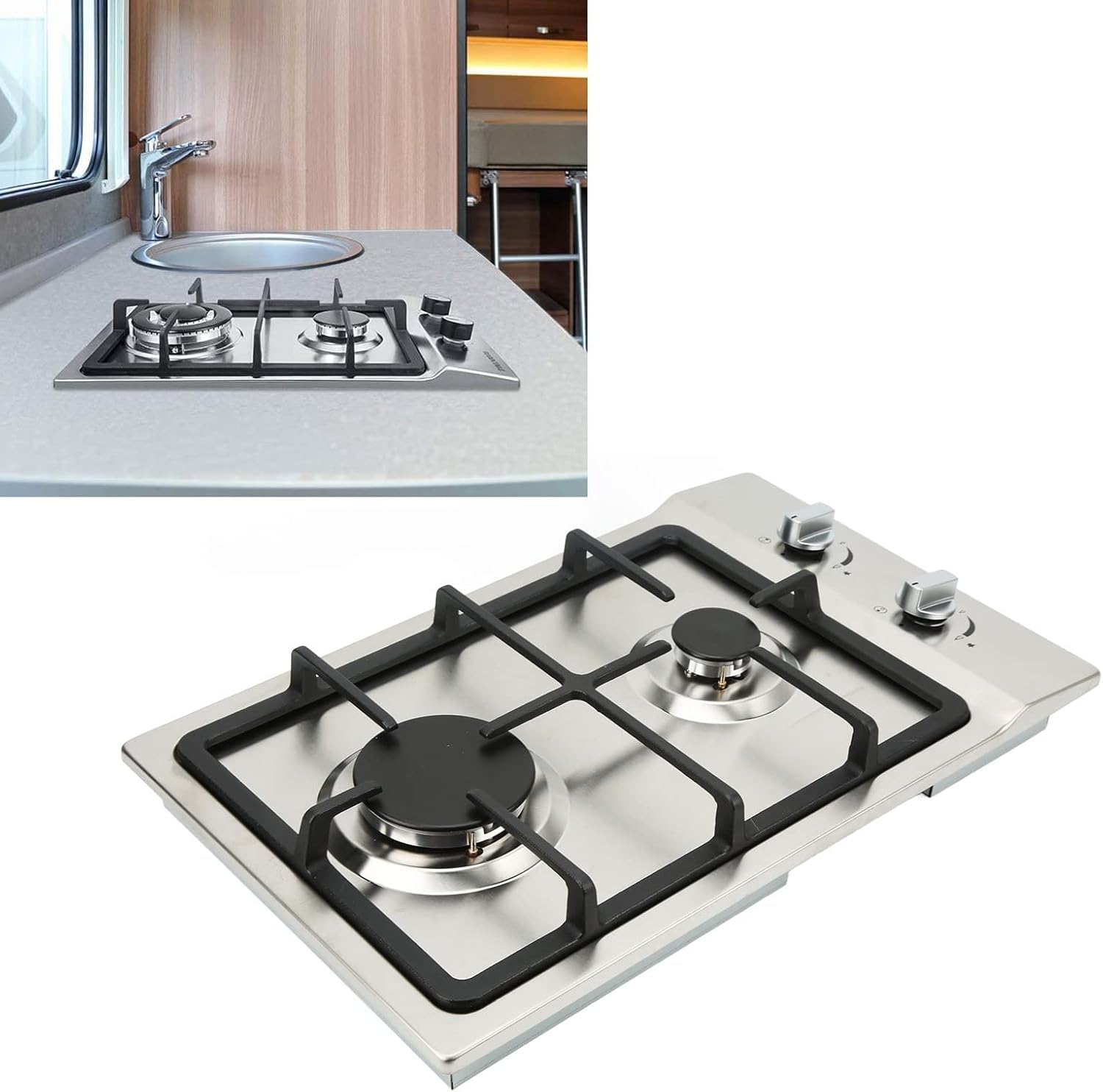 Gas Cooktop, 2 Burners Built-in Gas Hob Compatible with LPG NG for RV Yacht Van, Dual Fuel Stove with Thermocouple Protection(NG)
