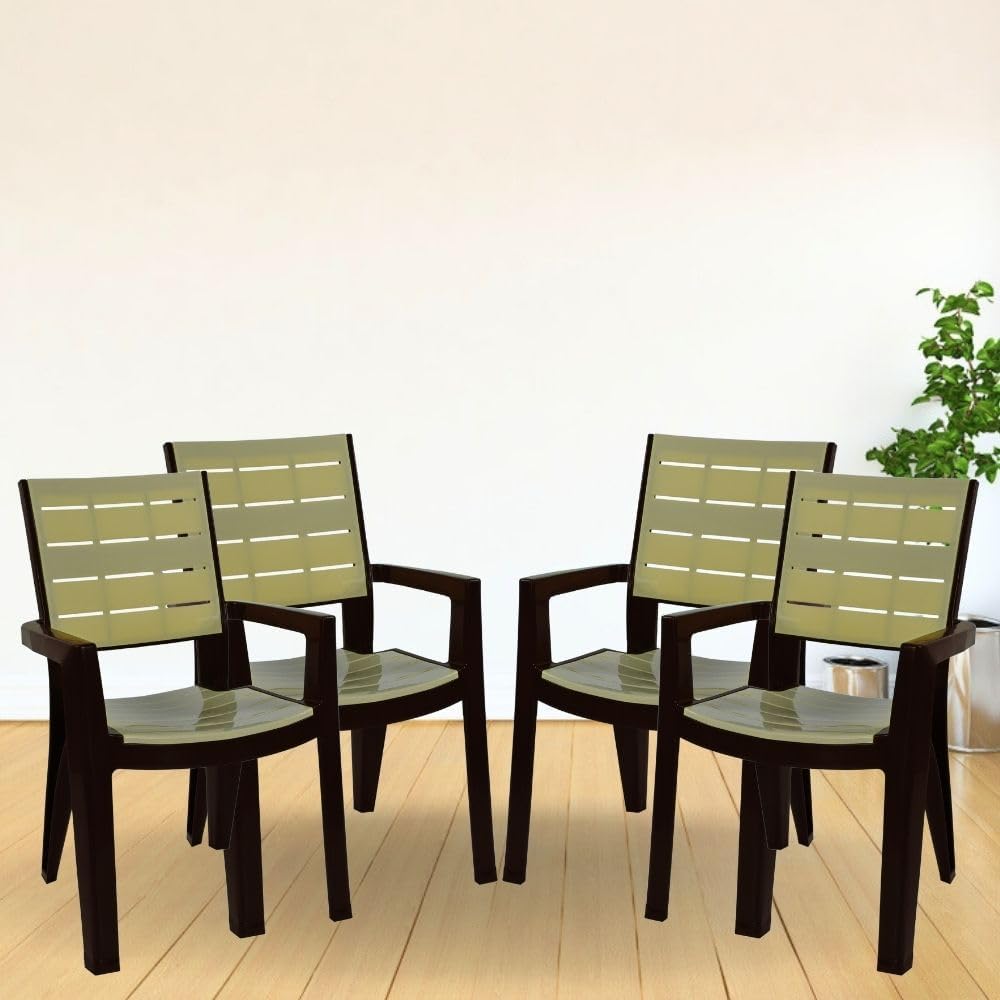 ITALICA Designer Series Comfortable Plastic Arm Chair/Double Insert Stackable Chair for Home, Office/Plastic Chair/Sturdy & Durable Chair/Indoor and Outdoor (Olive Brown & Ivory, Set of 2) 3