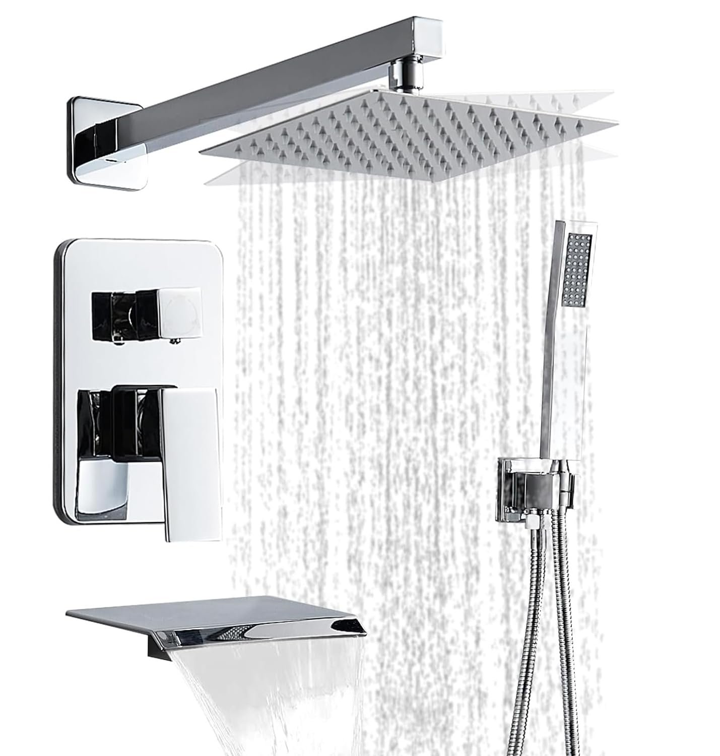 Chrome Shower Faucet Set with Tub Spout 10 Inch Shower Head and Handle Set with 2 Hooks Tub