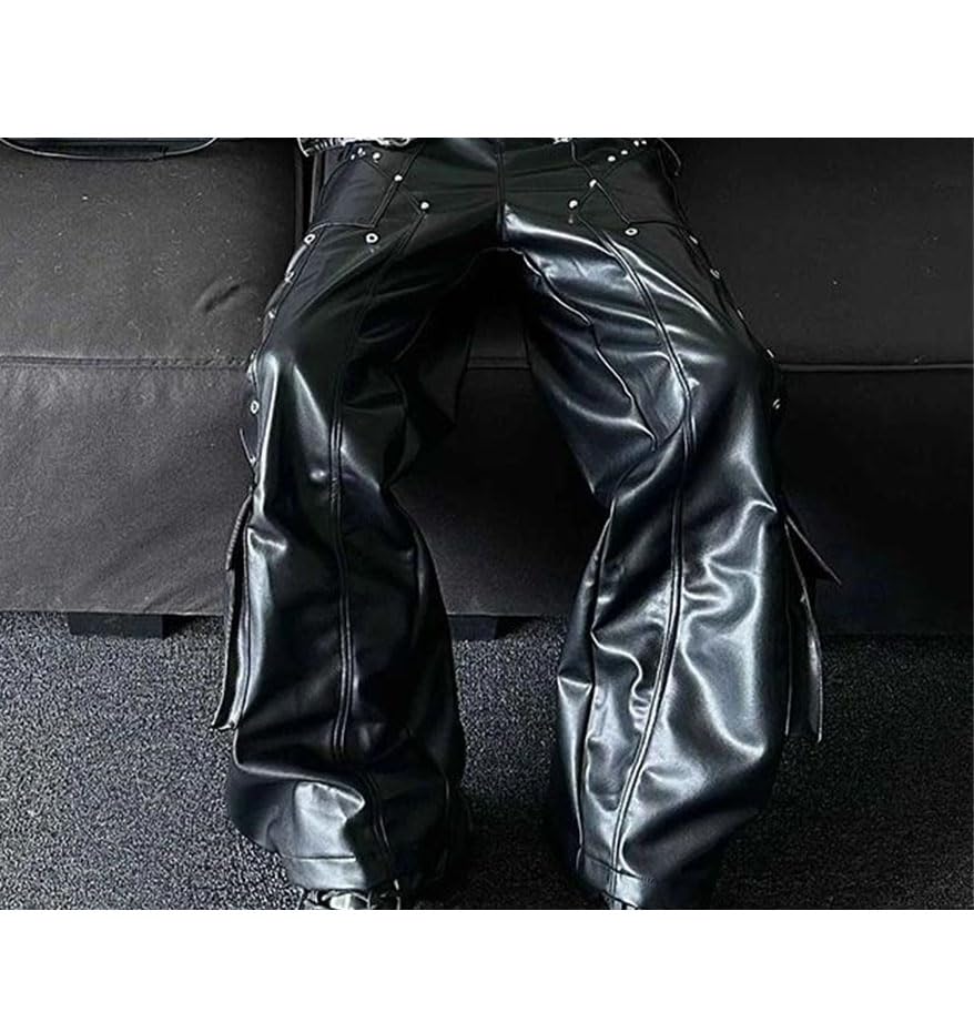 Men's PU Leather Pants Rivets Wide Leg Punk Style Streetwear Casual Trousers2