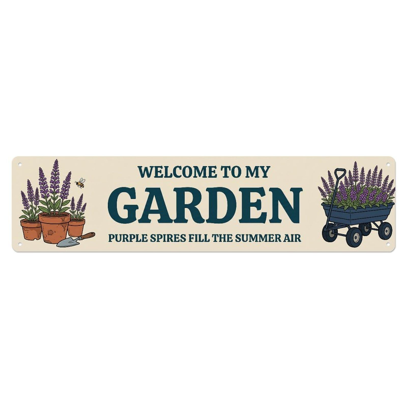 Metal Tin Sign Welcome To My Garden Retro Salvia Purple Spikes