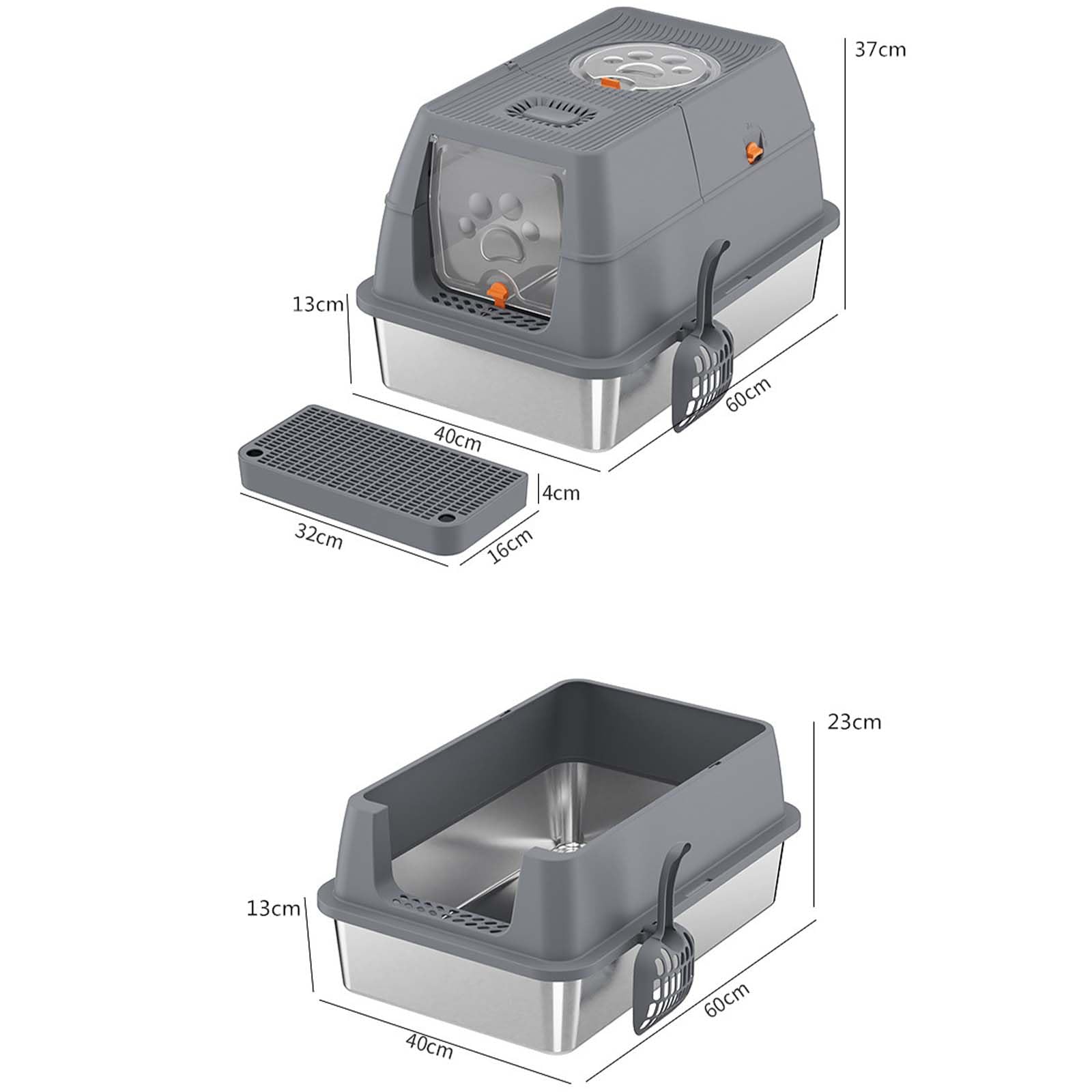 Lettiera per Gatti in Acciaio Inossidabile con Coperchio, Coperchio a Fogli mobili lettiera ad Ingresso Superiore con lettiera a Strato di lettiera, Non appiccicoso, Non Odor, Facile Pulizia Gray
