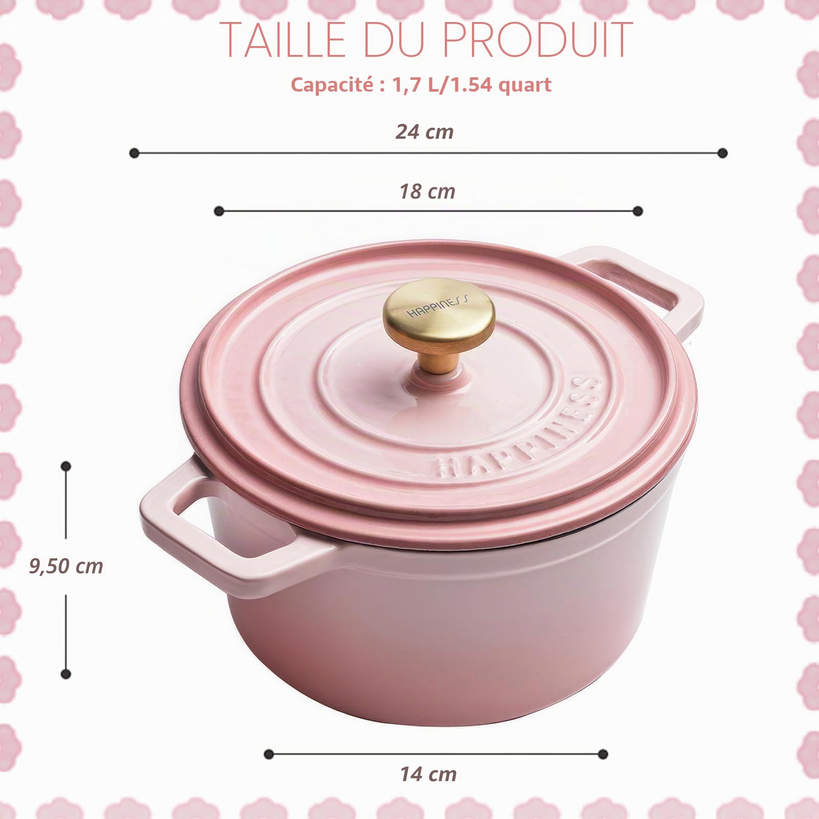 Cocotte en fonte émaillée antiadhésive avec couvercle et 2 poignées pour braiser les ragoûts, rôtir et cuire - Sans danger sur toutes les tables de cuisson (rose)
