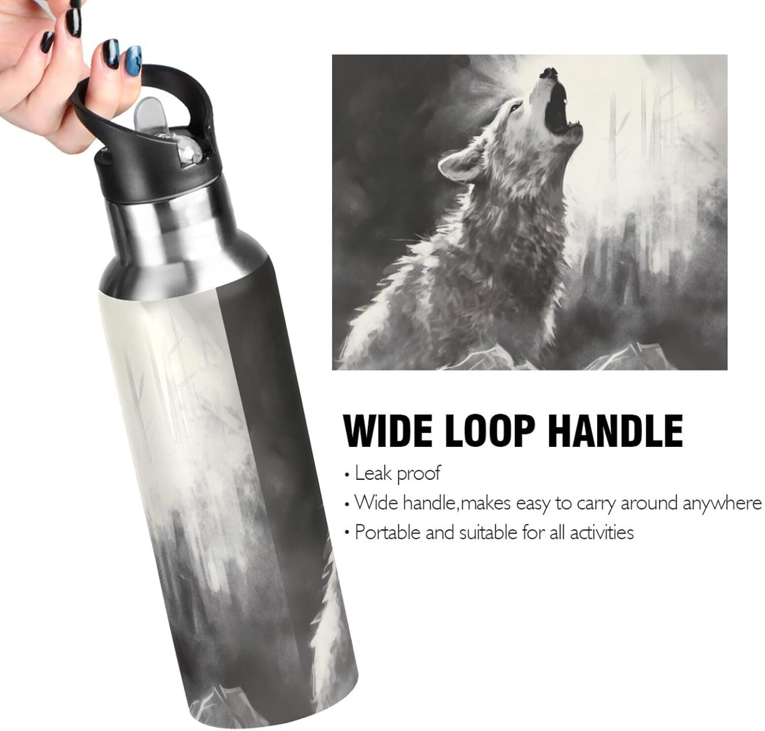 xigua Grey Roaring Wolf Sports Bottle and Travel Mug for Hot and Cold Beverages34OZ, Double Wall Insulated Hydration Sports Water Bottle for Hiking, Biking525