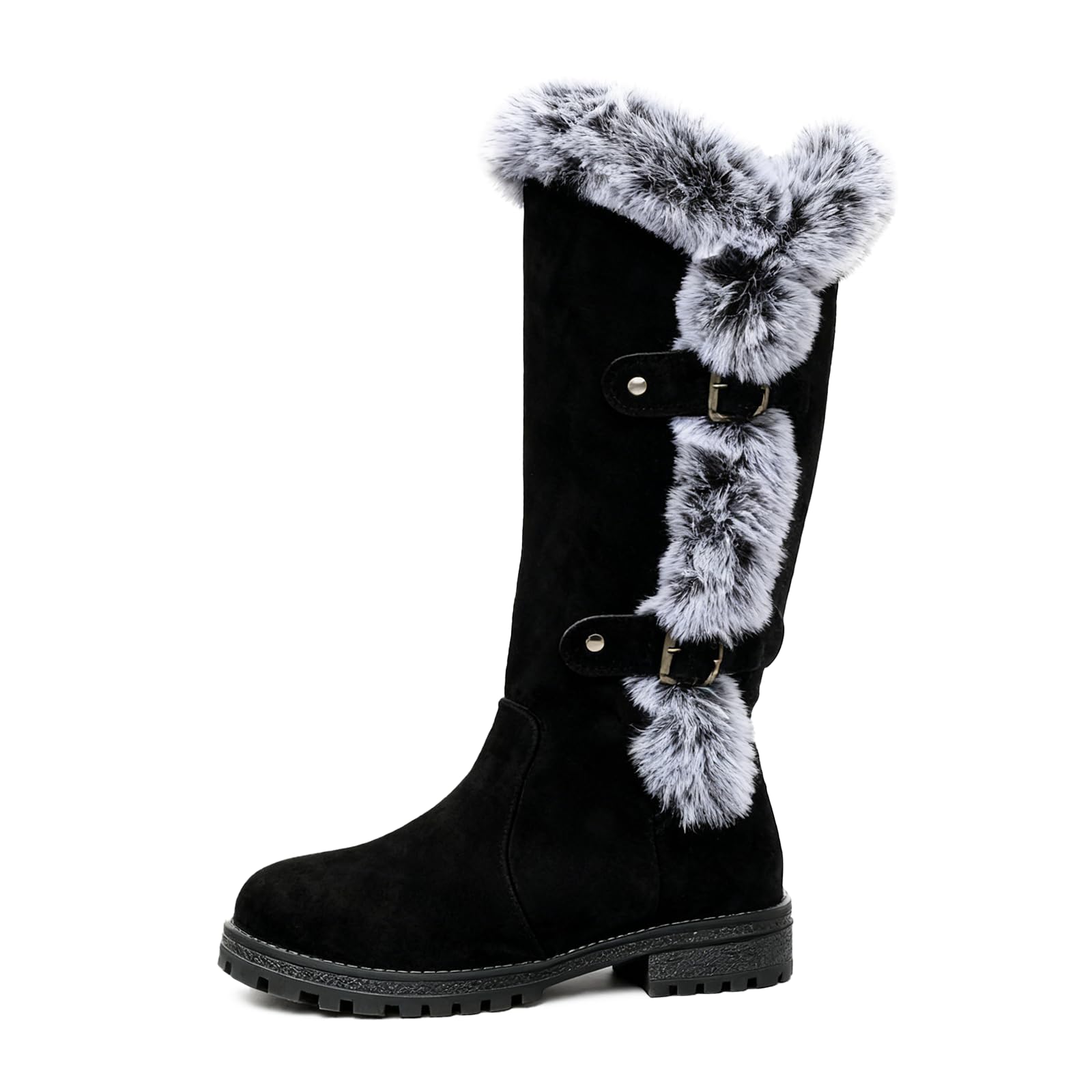 Womens Solid Color Snow Boots - Fashionable Warm Suede Boots for Women Mid Calf Casual Warm Plush Non-Slip