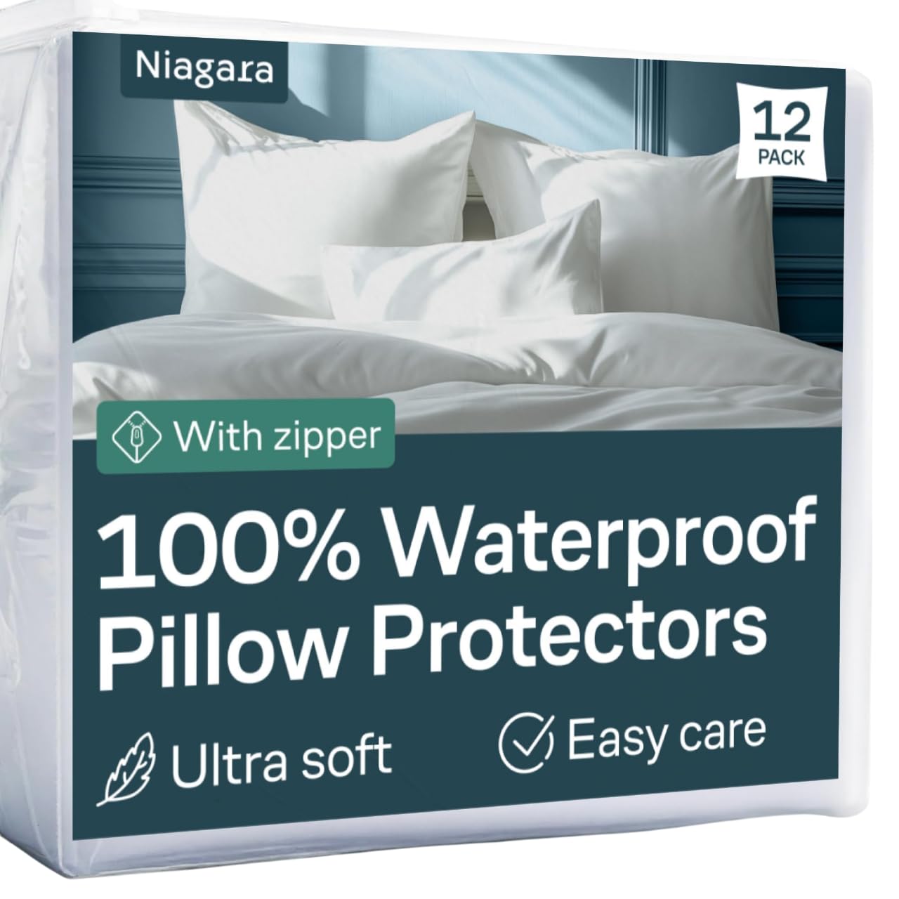 12 Pack Waterproof Pillow Protectors Queen Size 20x30 Inch with Soft Closure, 100% Liquid Protection, White